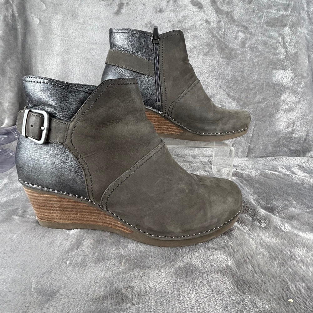 Dansko Women 41 Grey Metallic Leather Wedge Ankle Boots 1252941200 Zip Booties